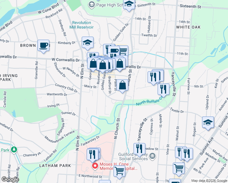 map of restaurants, bars, coffee shops, grocery stores, and more near 1901 Palm Street in Greensboro