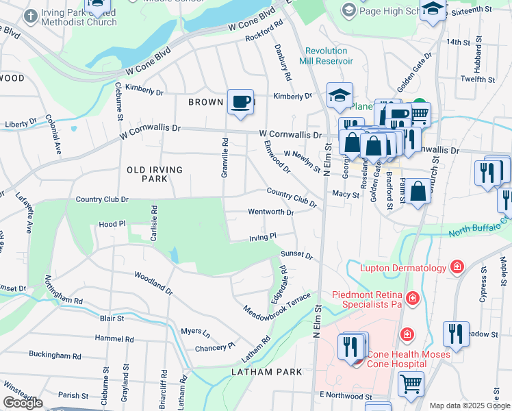 map of restaurants, bars, coffee shops, grocery stores, and more near 304 Wentworth Drive in Greensboro