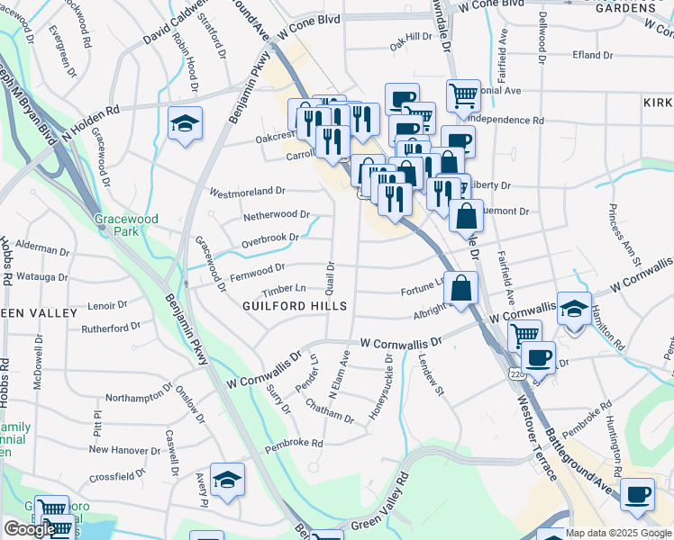 map of restaurants, bars, coffee shops, grocery stores, and more near 1303 Quail Drive in Greensboro