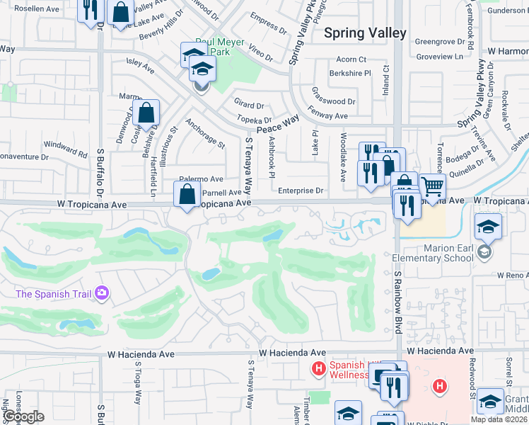 map of restaurants, bars, coffee shops, grocery stores, and more near 7307 Mission Hills Drive in Las Vegas