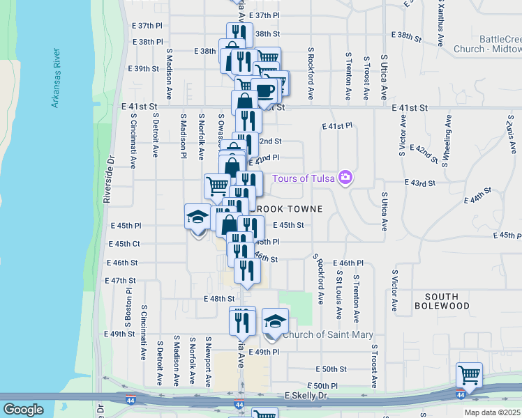 map of restaurants, bars, coffee shops, grocery stores, and more near 1336 South Quaker Avenue in Tulsa