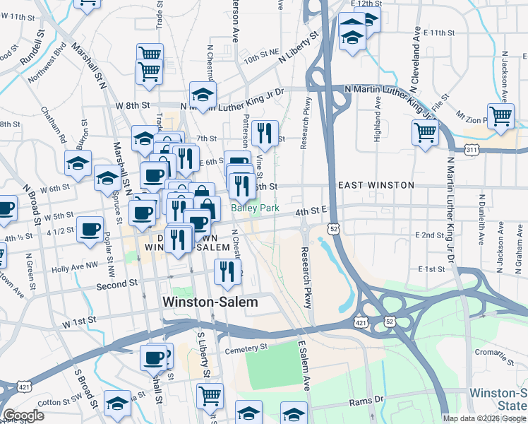 map of restaurants, bars, coffee shops, grocery stores, and more near 401 4th Street East in Winston-Salem