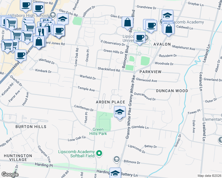 map of restaurants, bars, coffee shops, grocery stores, and more near 4400 Belmont Park Terrace in Nashville