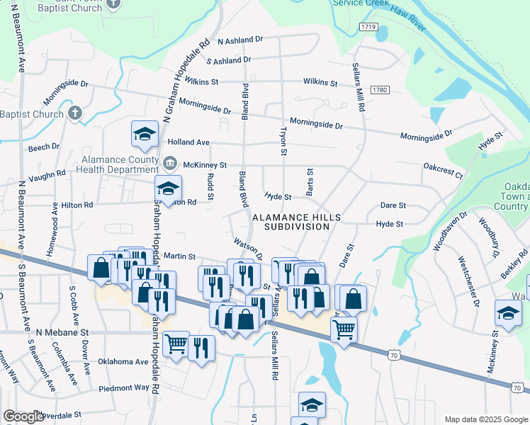 map of restaurants, bars, coffee shops, grocery stores, and more near 310 Tryon Street in Burlington