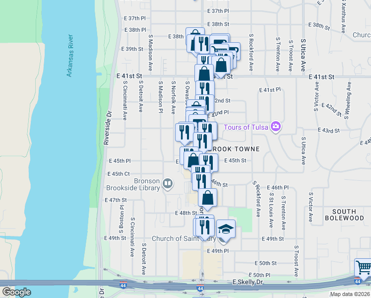 map of restaurants, bars, coffee shops, grocery stores, and more near 4404 South Peoria Avenue in Tulsa