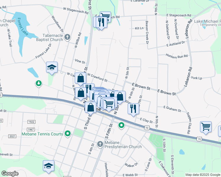 map of restaurants, bars, coffee shops, grocery stores, and more near 104 West Graham Street in Mebane