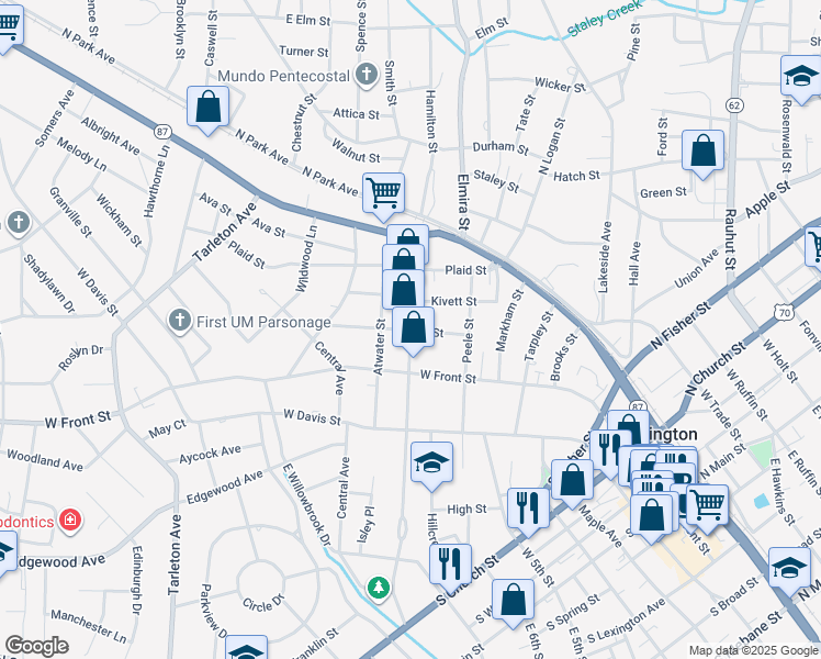 map of restaurants, bars, coffee shops, grocery stores, and more near 499 Trollinger Street in Burlington