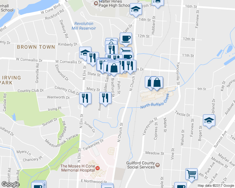 map of restaurants, bars, coffee shops, grocery stores, and more near 1901 Palm Street in Greensboro