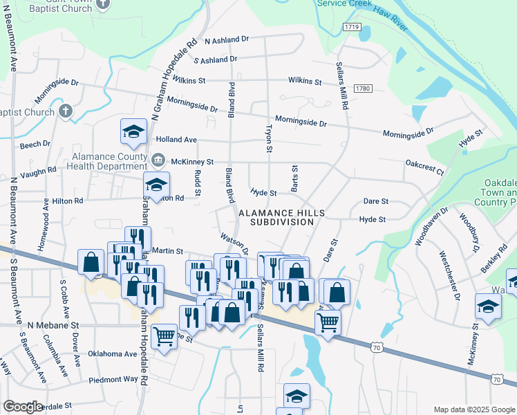 map of restaurants, bars, coffee shops, grocery stores, and more near 310 Tryon Street in Burlington