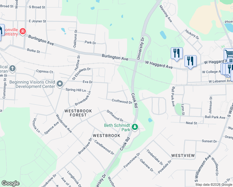 map of restaurants, bars, coffee shops, grocery stores, and more near 204 New Haven Lane in Gibsonville