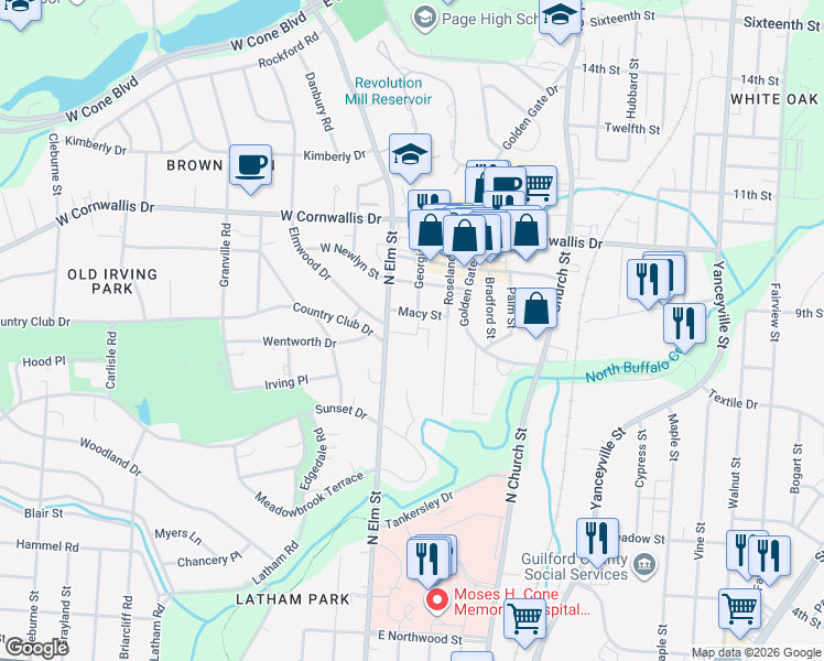 map of restaurants, bars, coffee shops, grocery stores, and more near 1830 North Elm Street in Greensboro