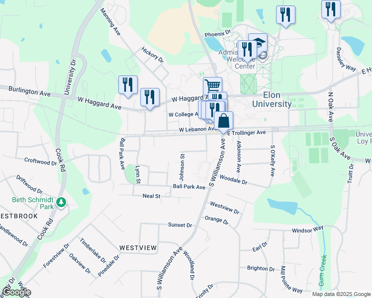 map of restaurants, bars, coffee shops, grocery stores, and more near 304 West Summerbell Avenue in Elon