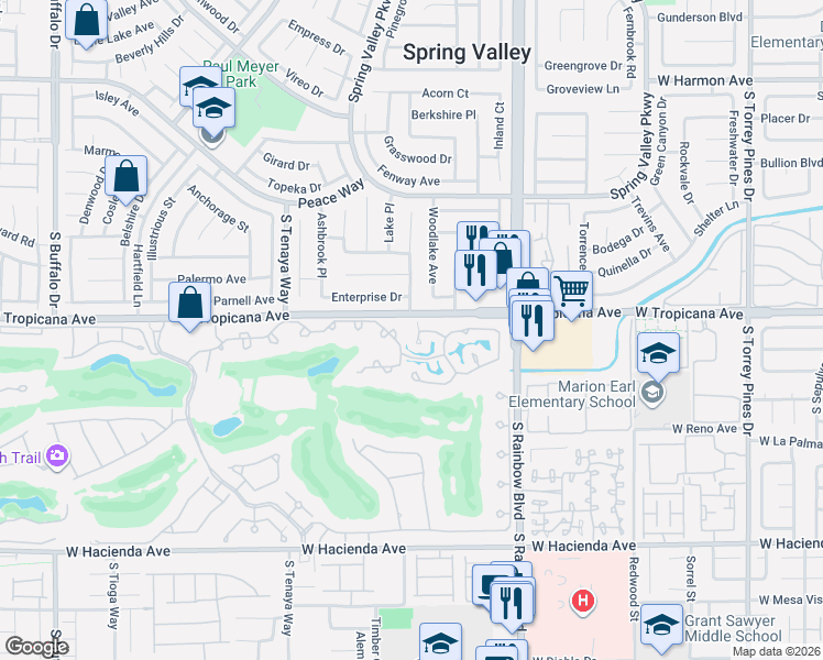 map of restaurants, bars, coffee shops, grocery stores, and more near 7025 Bright Springs Court in Las Vegas