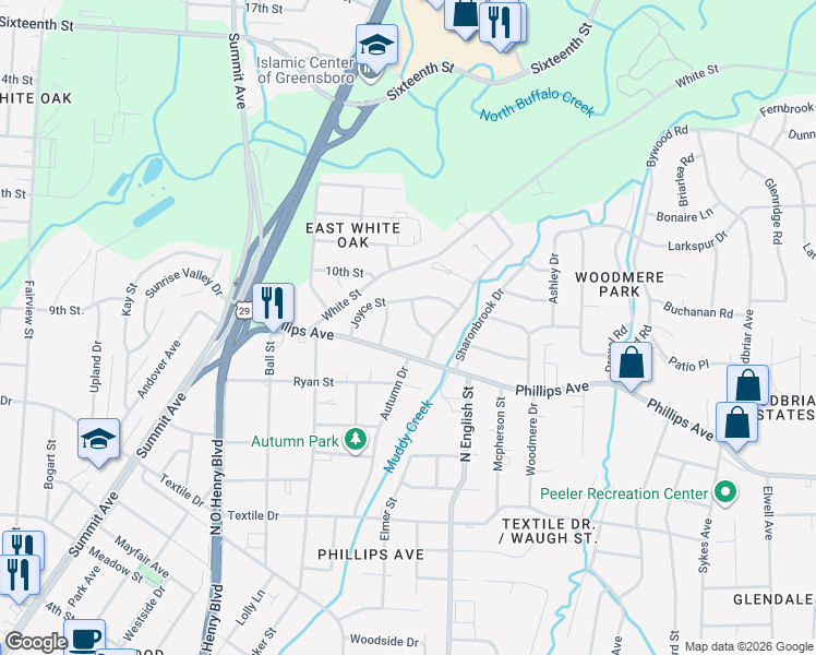 map of restaurants, bars, coffee shops, grocery stores, and more near 1708 Rayston Drive in Greensboro