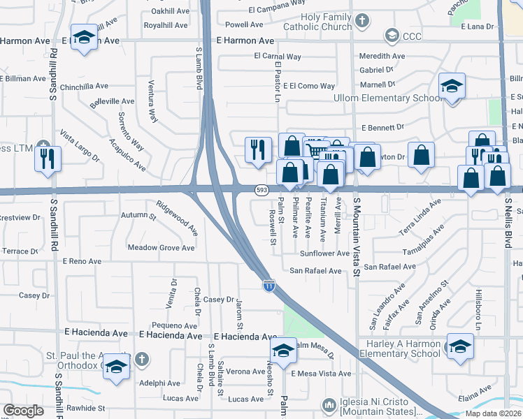 map of restaurants, bars, coffee shops, grocery stores, and more near 4345 Quay Court in Las Vegas