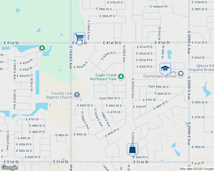 map of restaurants, bars, coffee shops, grocery stores, and more near 19812 East 44th Place South in Broken Arrow