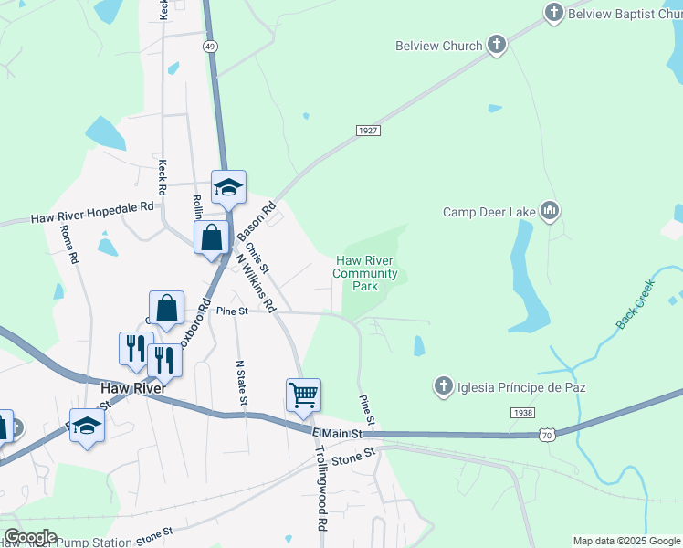 map of restaurants, bars, coffee shops, grocery stores, and more near 12 Lea Lane in Mebane