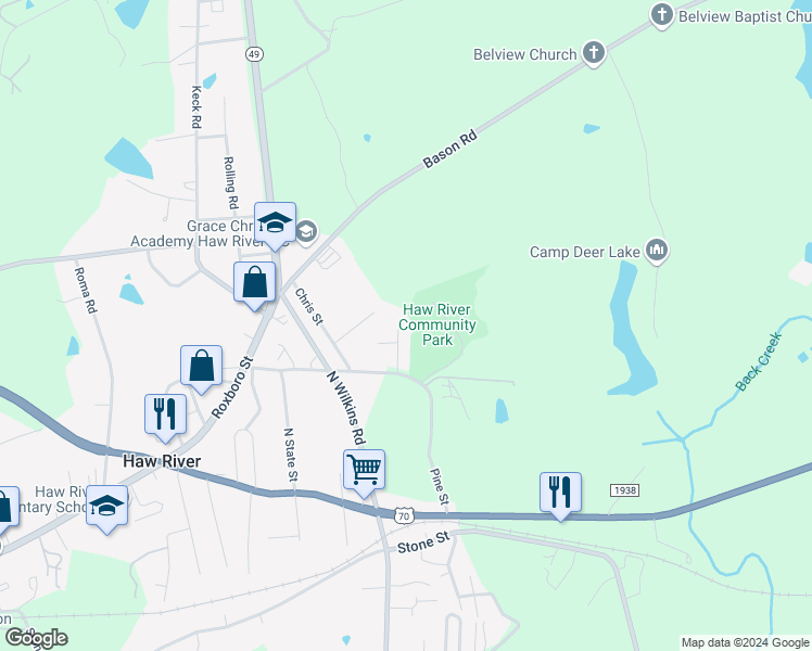 map of restaurants, bars, coffee shops, grocery stores, and more near 12 Lea Lane in Mebane