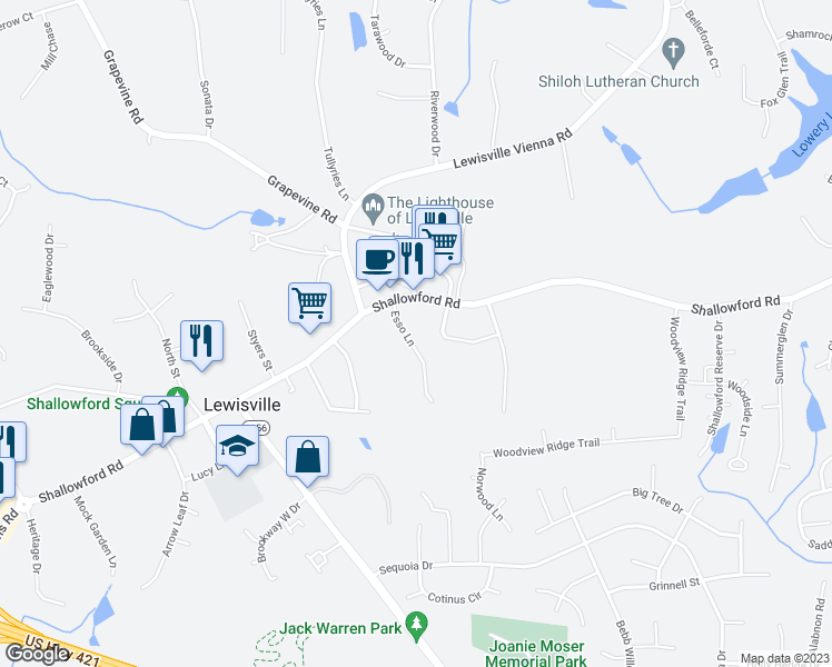 map of restaurants, bars, coffee shops, grocery stores, and more near 155 Esso Lane in Lewisville