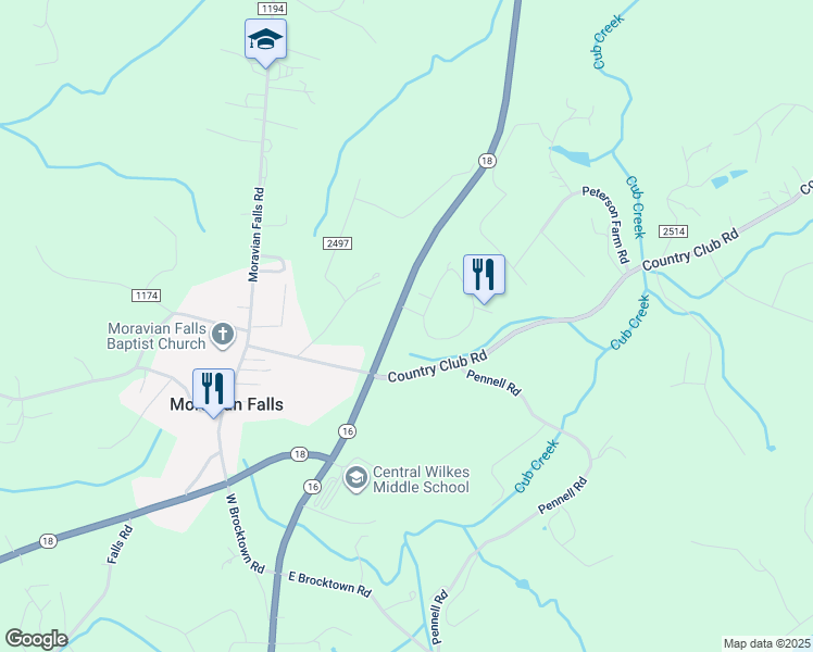 map of restaurants, bars, coffee shops, grocery stores, and more near North Carolina Highway 16 in Wilkesboro