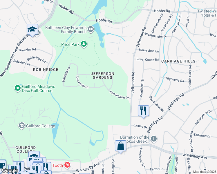 map of restaurants, bars, coffee shops, grocery stores, and more near 5106 Bennington Drive in Greensboro