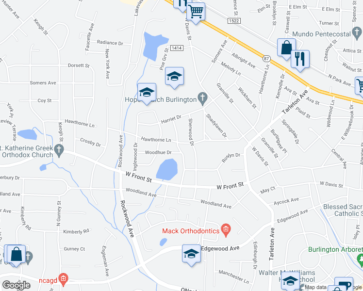 map of restaurants, bars, coffee shops, grocery stores, and more near 1612 Hawthorne Lane in Burlington