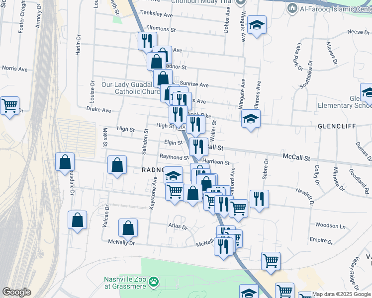 map of restaurants, bars, coffee shops, grocery stores, and more near 3416 Nolensville Pike in Nashville