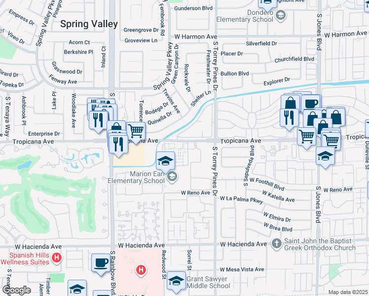 map of restaurants, bars, coffee shops, grocery stores, and more near 6575 West Tropicana Avenue in Las Vegas