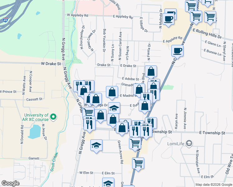 map of restaurants, bars, coffee shops, grocery stores, and more near 33 East Madrid Street in Fayetteville