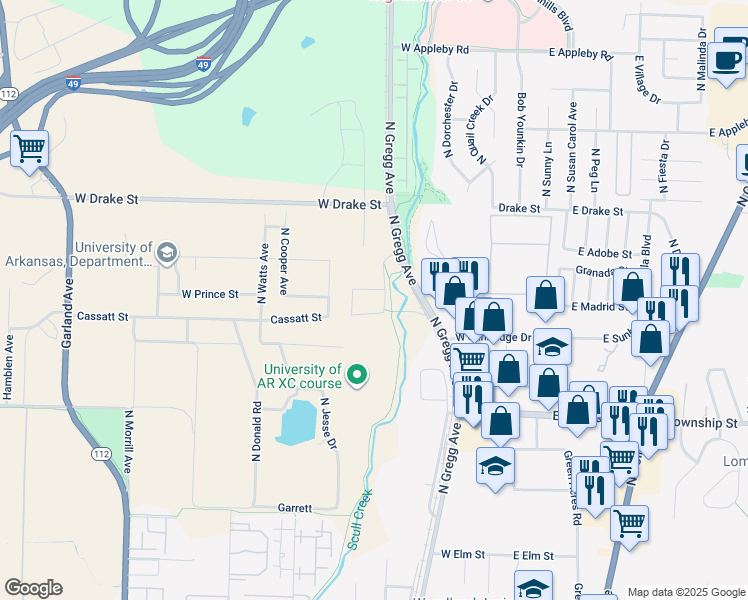 map of restaurants, bars, coffee shops, grocery stores, and more near 501 West Cassatt Street in Fayetteville