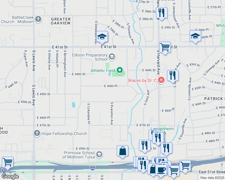 map of restaurants, bars, coffee shops, grocery stores, and more near 2788 East 44th Place in Tulsa