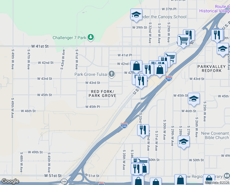 map of restaurants, bars, coffee shops, grocery stores, and more near 4404 South 36th West Avenue in Tulsa