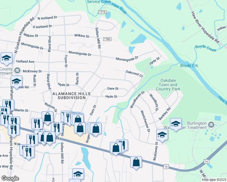 map of restaurants, bars, coffee shops, grocery stores, and more near 2540 Hyde Street in Burlington