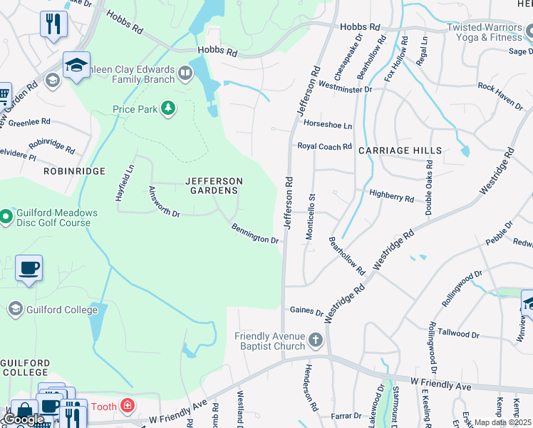 map of restaurants, bars, coffee shops, grocery stores, and more near 1005 Jefferson Road in Greensboro