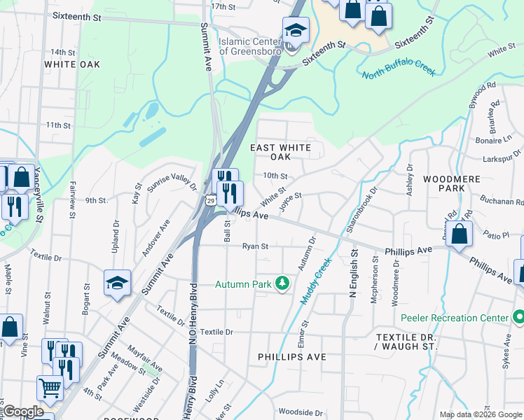map of restaurants, bars, coffee shops, grocery stores, and more near in Greensboro