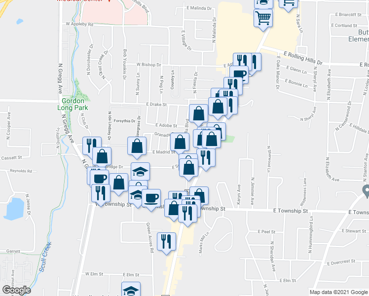 map of restaurants, bars, coffee shops, grocery stores, and more near 2633 North Villa Boulevard in Fayetteville