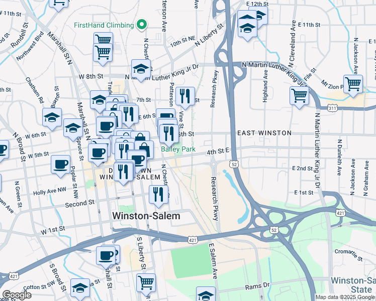 map of restaurants, bars, coffee shops, grocery stores, and more near 401 4th Street East in Winston-Salem