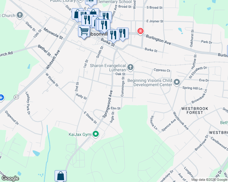 map of restaurants, bars, coffee shops, grocery stores, and more near 608 Cummings Street in Gibsonville