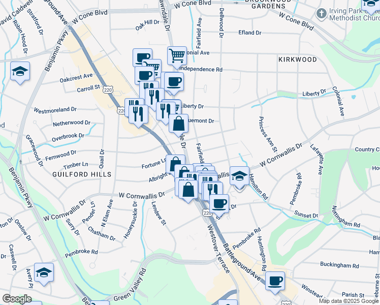 map of restaurants, bars, coffee shops, grocery stores, and more near 2312 Lawndale Drive in Greensboro