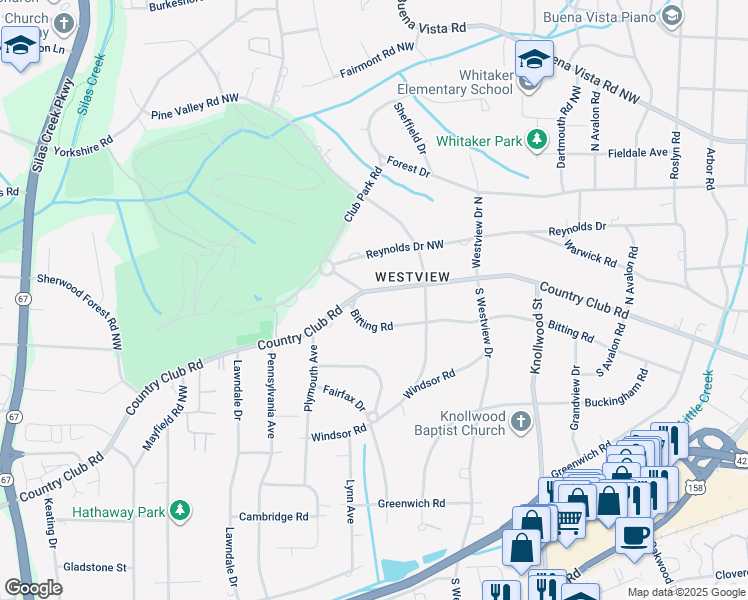 map of restaurants, bars, coffee shops, grocery stores, and more near 2856 Country Club Road in Winston-Salem
