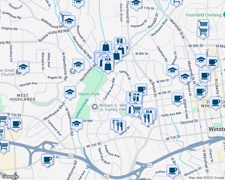 map of restaurants, bars, coffee shops, grocery stores, and more near 920 Carolina Avenue Northwest in Winston-Salem