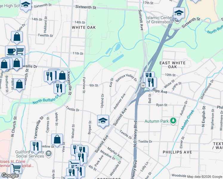 map of restaurants, bars, coffee shops, grocery stores, and more near 1505 Village Crest Drive in Greensboro