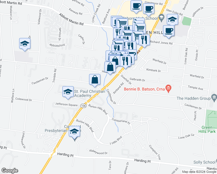 map of restaurants, bars, coffee shops, grocery stores, and more near 4218 Hillsboro Pike in Nashville