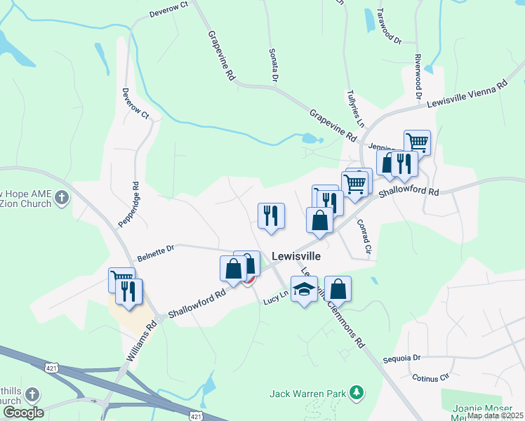 map of restaurants, bars, coffee shops, grocery stores, and more near 185 Will Austin Court in Lewisville
