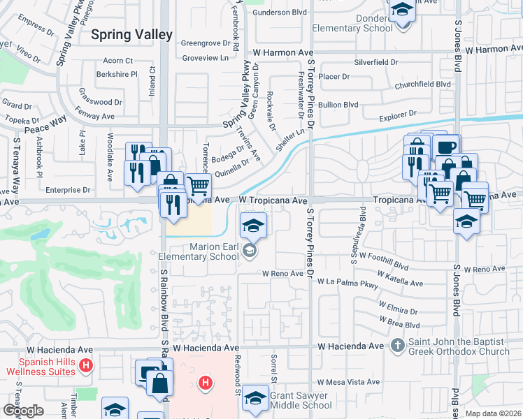 map of restaurants, bars, coffee shops, grocery stores, and more near 6627 West Tropicana Avenue in Las Vegas