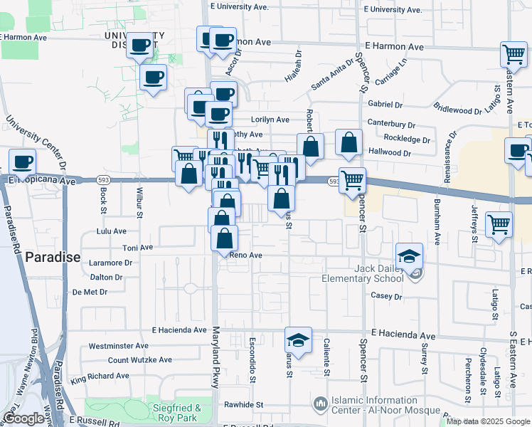 map of restaurants, bars, coffee shops, grocery stores, and more near 5014 South Maryland Parkway in Las Vegas