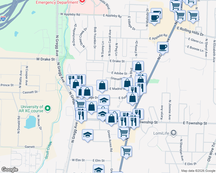 map of restaurants, bars, coffee shops, grocery stores, and more near 33 East Madrid Street in Fayetteville