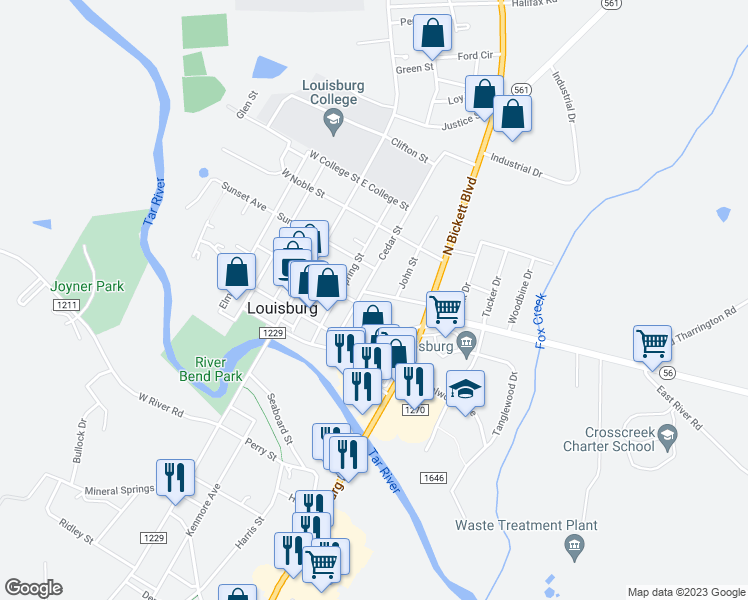 map of restaurants, bars, coffee shops, grocery stores, and more near 104 Williamson Street in Louisburg