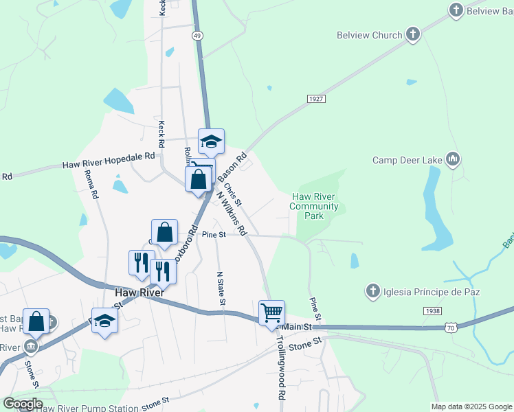 map of restaurants, bars, coffee shops, grocery stores, and more near 104 Elizabeth Lane in Mebane