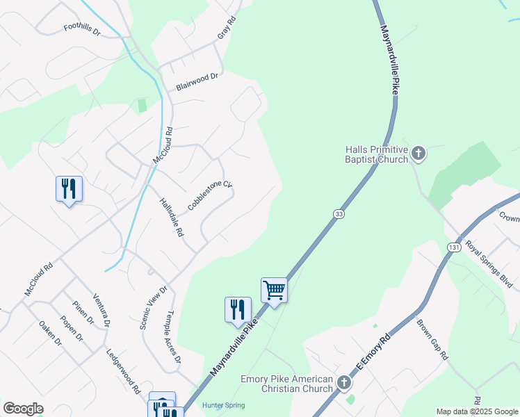 map of restaurants, bars, coffee shops, grocery stores, and more near 7900 Scenic View Drive in Knoxville
